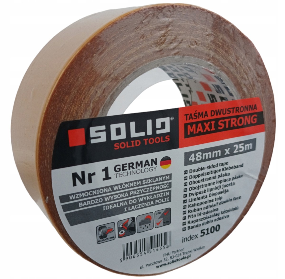 Taśma dwustronna wzmocniona MAXI STRONG 48mm/25m SOLID 5100