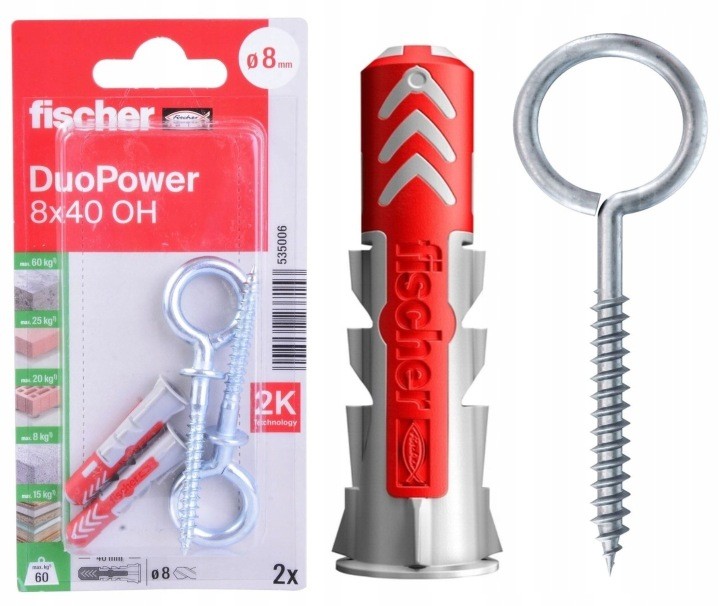 Kołek rozporowy Fischer DuoPower 8x40 OH z hakiem oczkowym 2szt