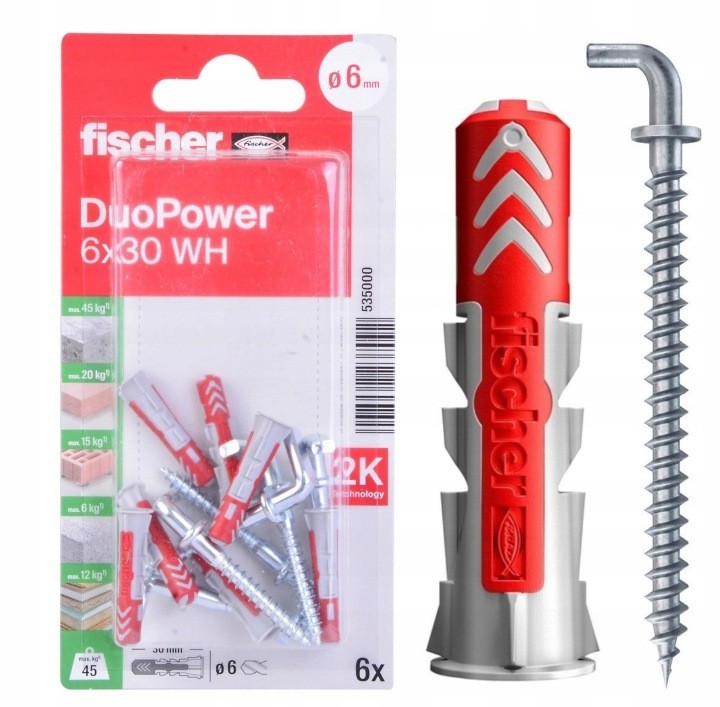 Fischer DuoPower 6x30 WH – kołki rozporowe z hakiem kątowym  6szt