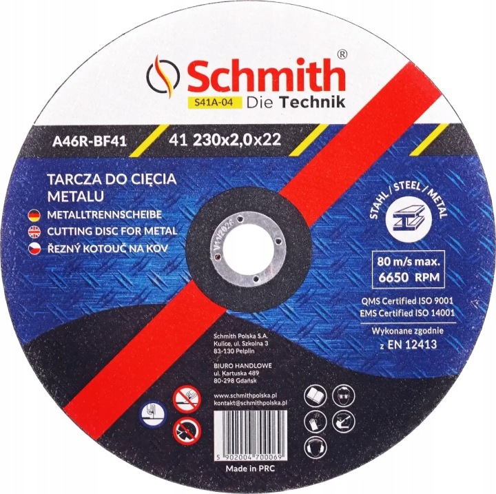 Tarcza do cięcia metalu 230x2,0 mm Schmith S41A-04 do stali i profili