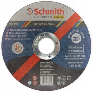 Tarcza do Cięcia Metalu 125x1,5 mm Schmith S41A-03 Mocna z Drobinami Diamentu