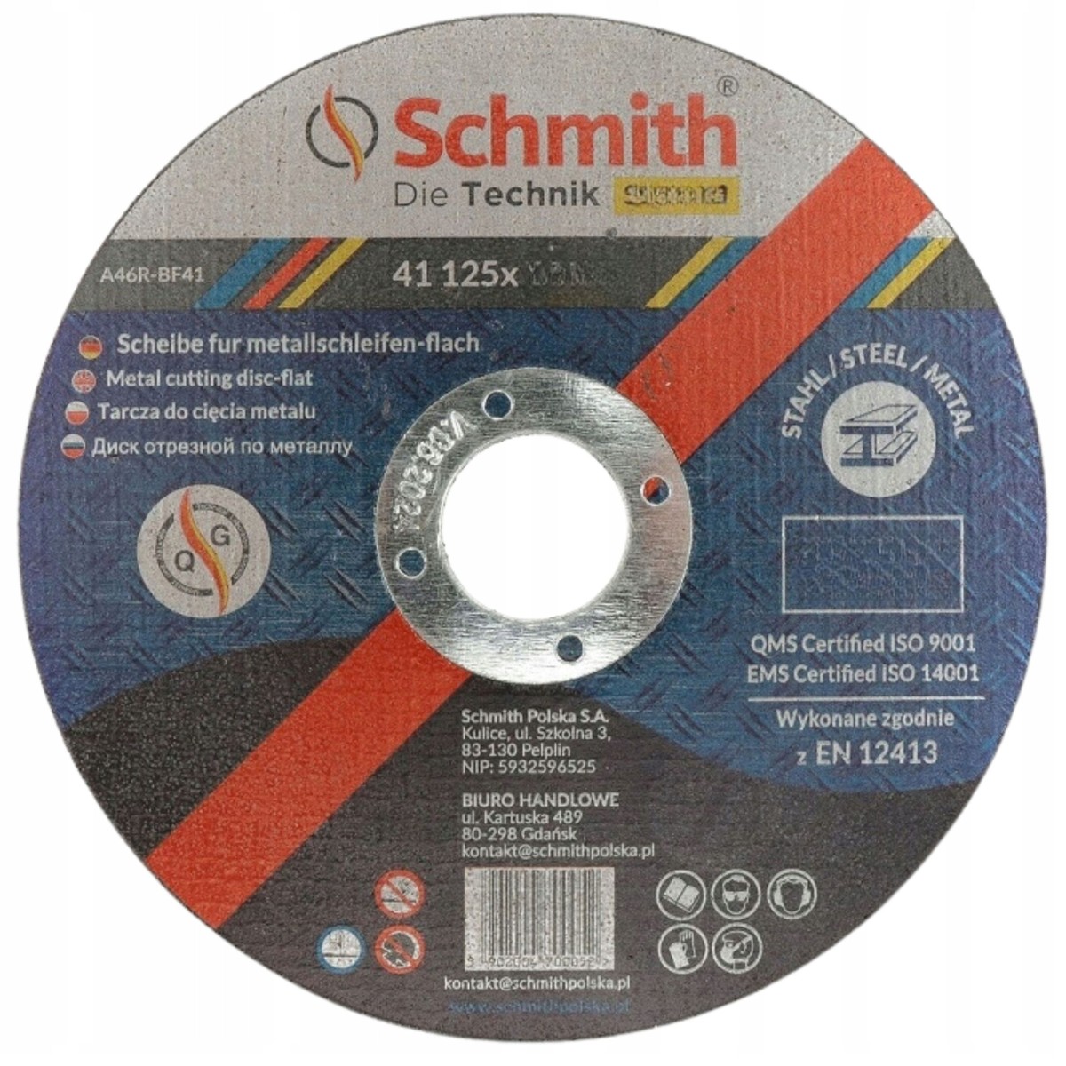 Tarcza do Cięcia Metalu 125x3,2 mm Schmith S41A-09 Mocna z Drobinami Diamentu