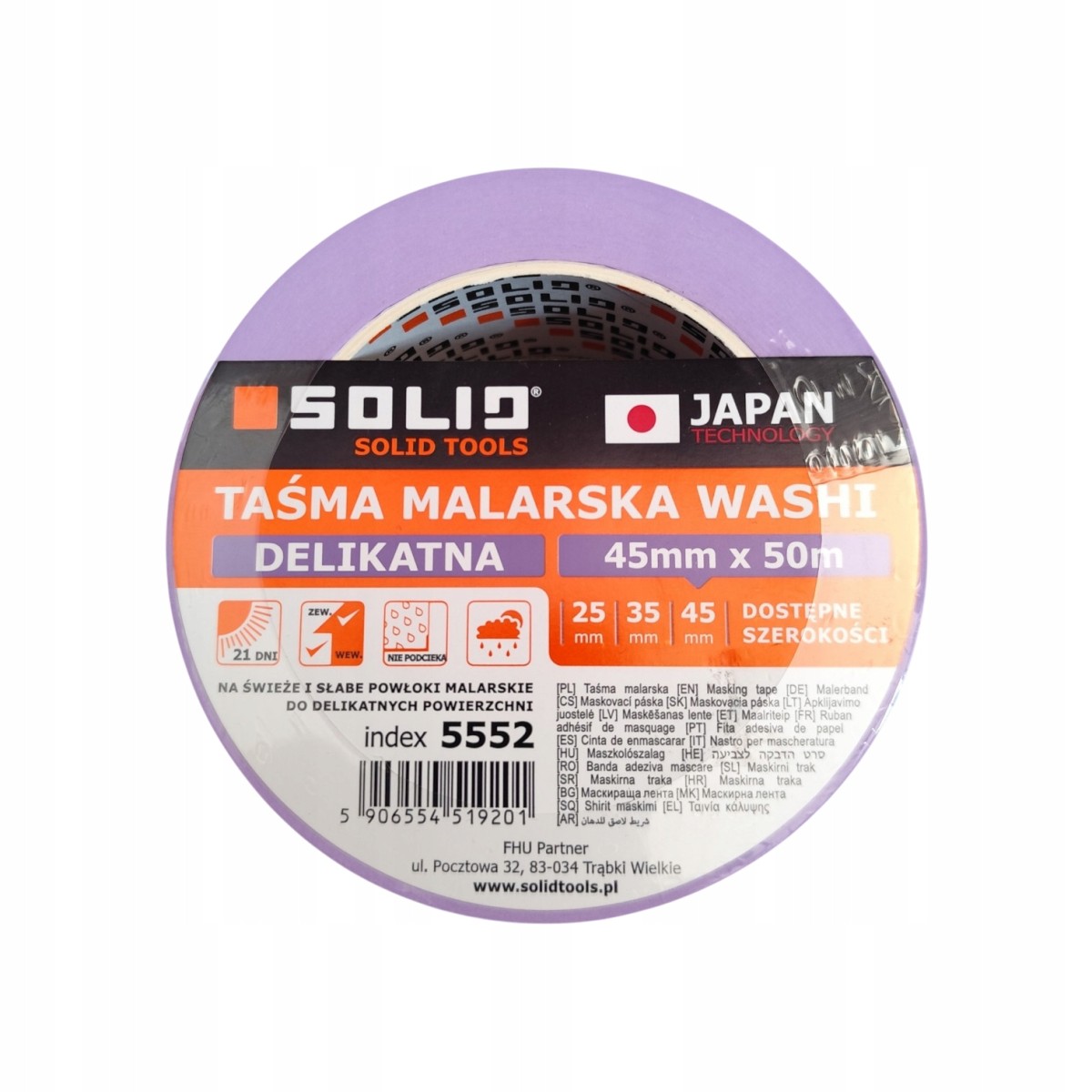 Taśma malarska SOLID WASHI DELIKATNA 45mm x 50m  precyzyjne odcięcia, do delikatnych powierzchni