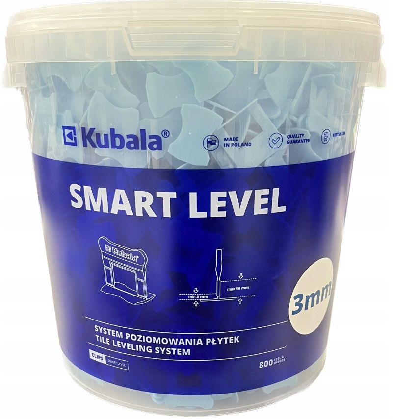 KUBALA Smart Level Klipsy 3 mm 800 szt + Wiadro 20L System Poziomowania Płytek 3–16 mm